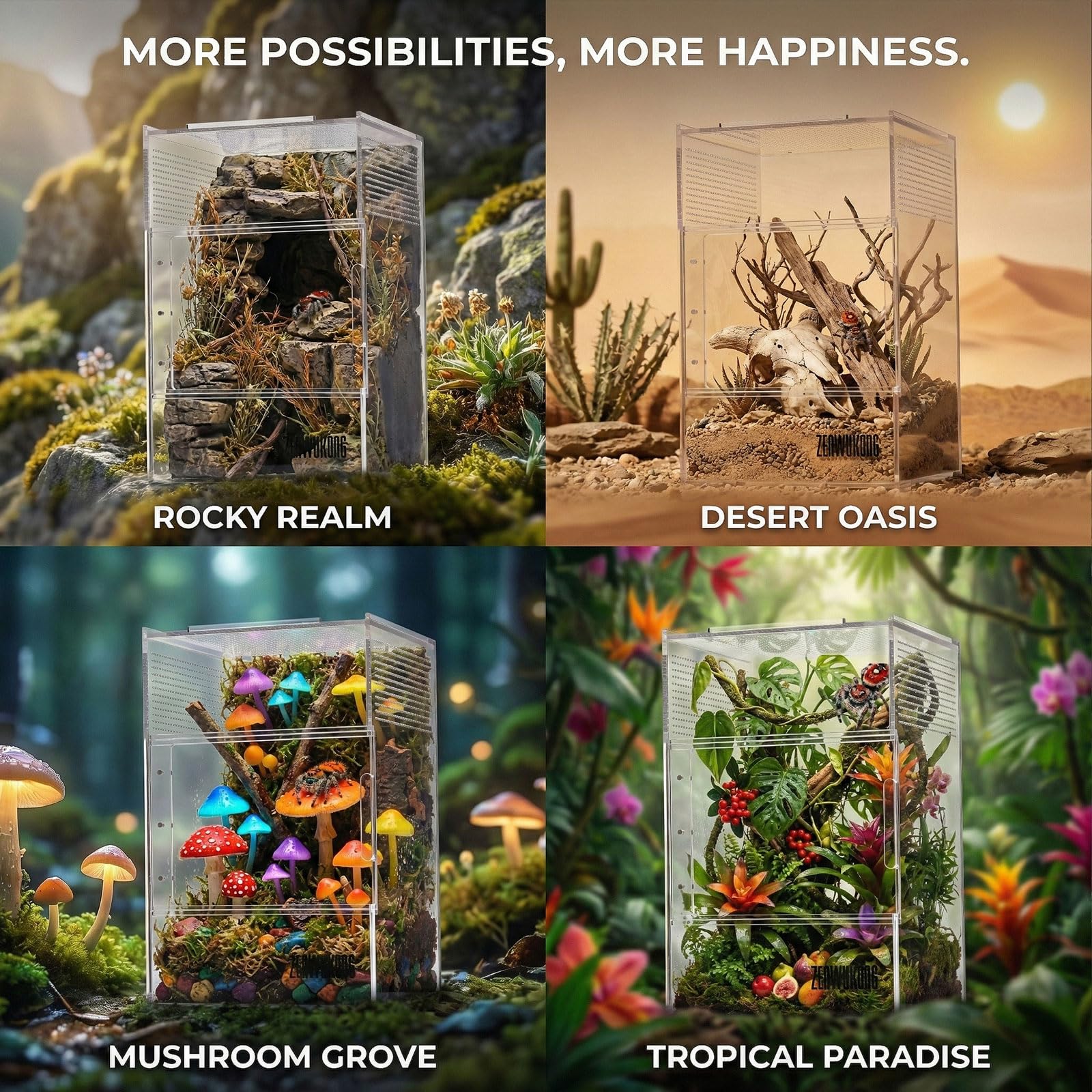 Jumping Spider Enclosure - Acrylic Terrarium Habitat for Spiders, Tarantulas, Snail, Mantis, Lizard, and Small Reptiles, Dual Magnetic Doors (6x6x9 inch)