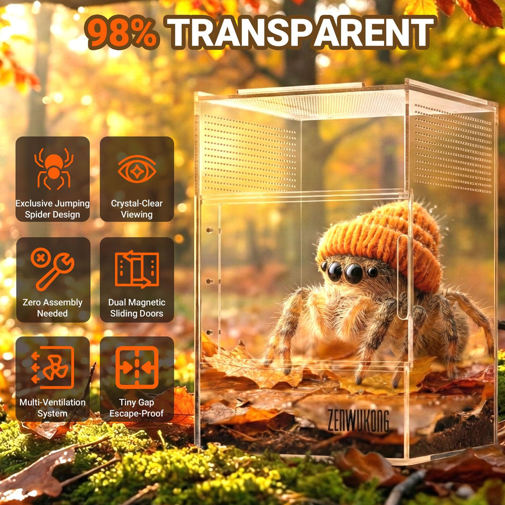 Jumping Spider Enclosure - Acrylic Terrarium Habitat for Spiders, Tarantulas, Snail, Mantis, Lizard, and Small Reptiles, Dual Magnetic Doors (6x6x9 inch)
