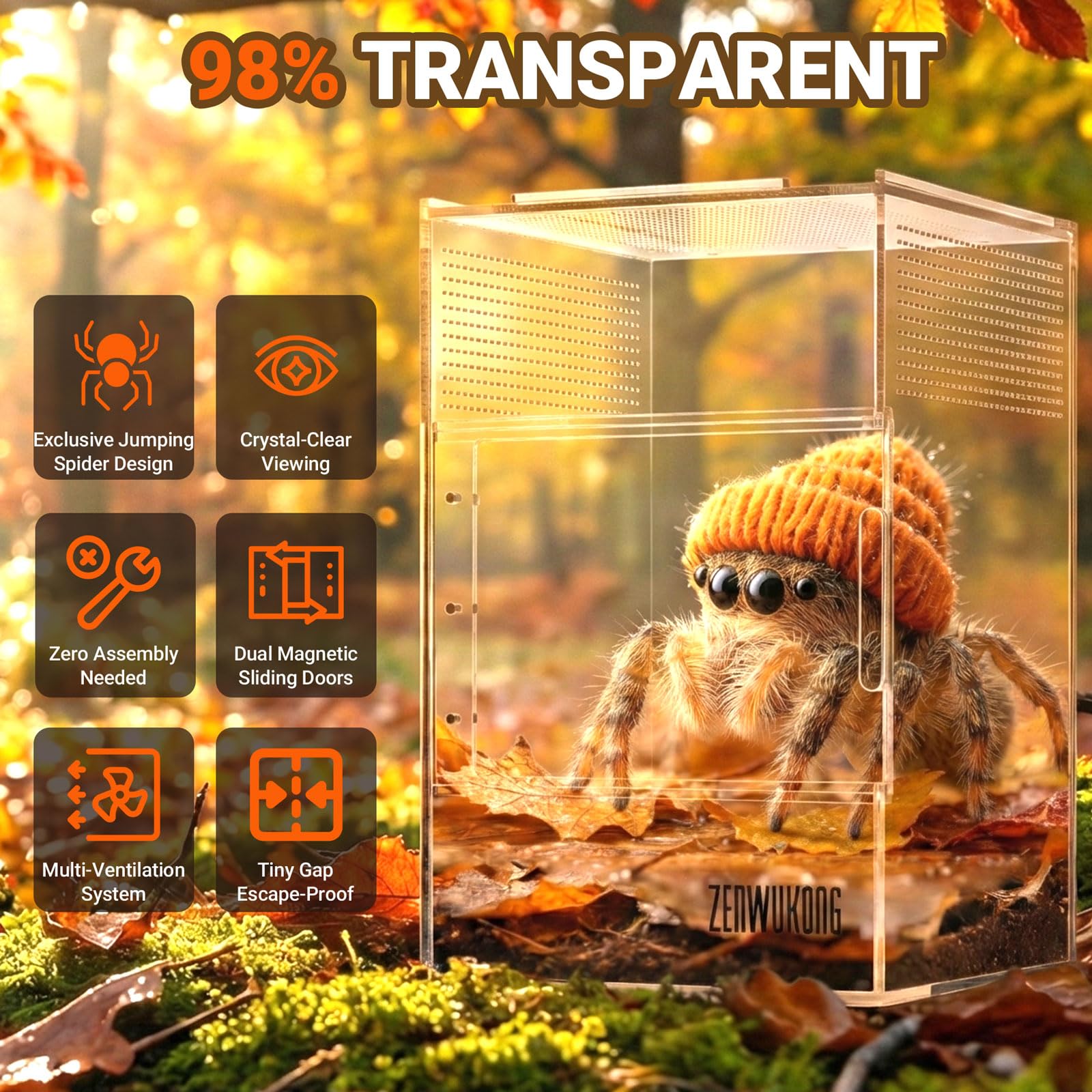 Jumping Spider Enclosure - Acrylic Terrarium Habitat for Spiders, Tarantulas, Snail, Mantis, Lizard, and Small Reptiles, Dual Magnetic Doors (6x6x9 inch)