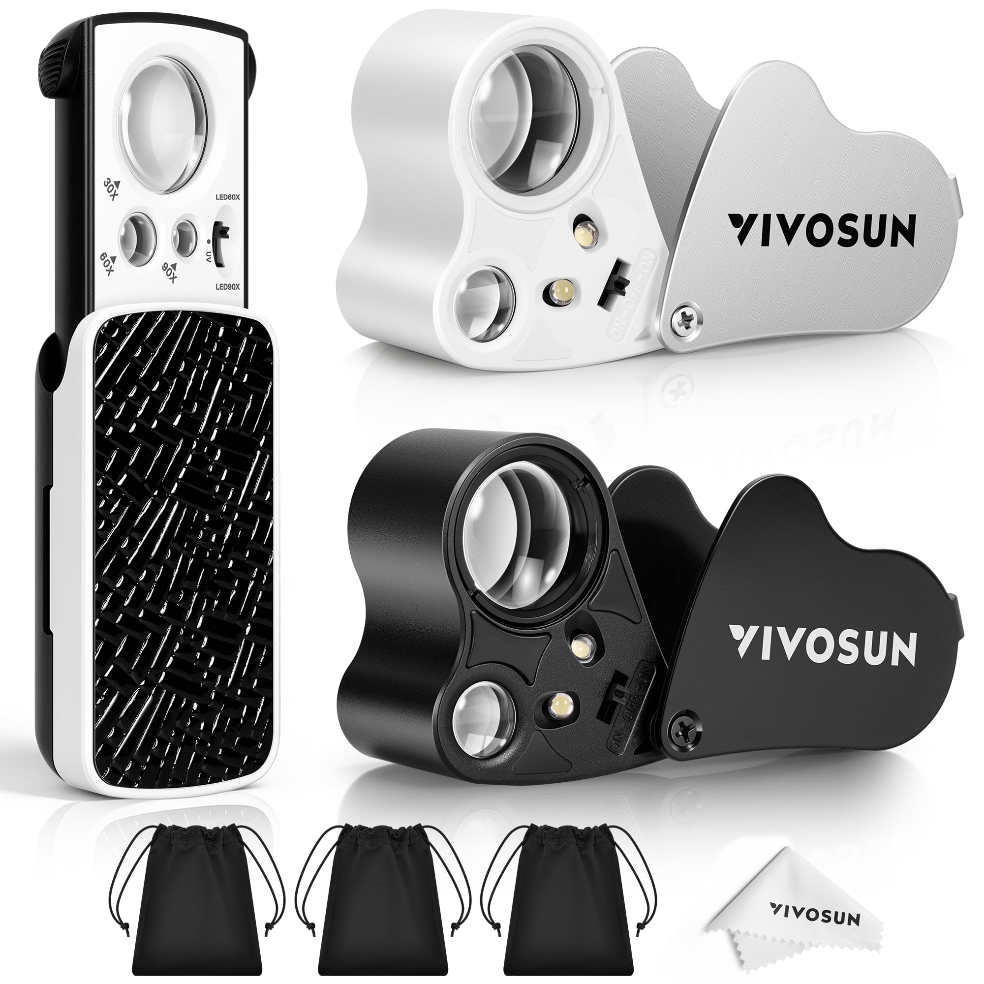 VIVOSUN 2-Pack Jewelry Loupe, 30X and 60X Foldable Magnifier UV/LED Lights, Desktop Loupe with LED & UV Lights for Jewelry, Gems, Watches, Coins, and Stamps, Black