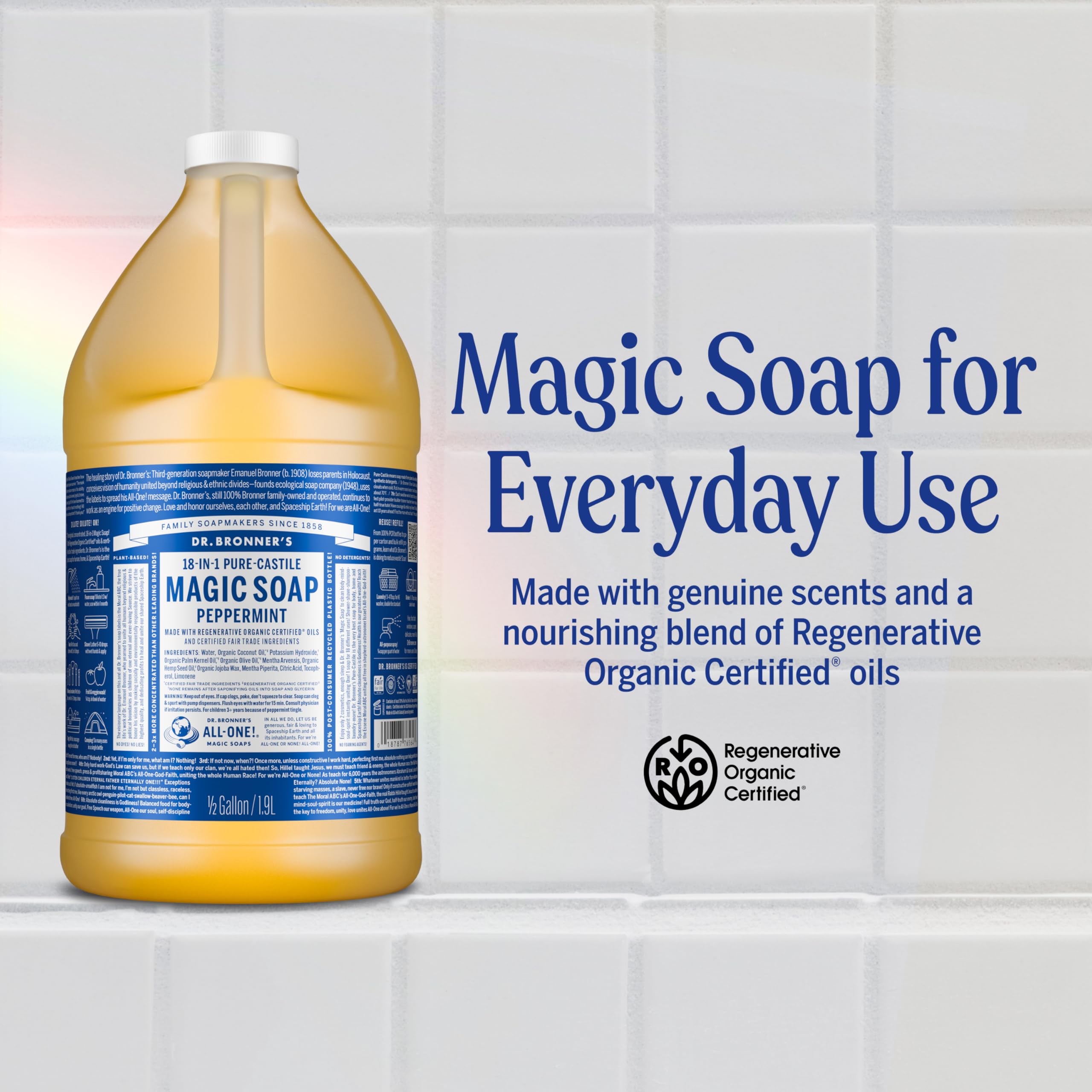 Dr. Bronner's Pure-Castile Magic Liquid Soap (Peppermint, 8 Ounce)- Made with Organic Oils, 18-in1 Uses: Face, Hair, Hand & Body Soap, Laundry, Pets- Concentrated, Vegan, Non-GMO