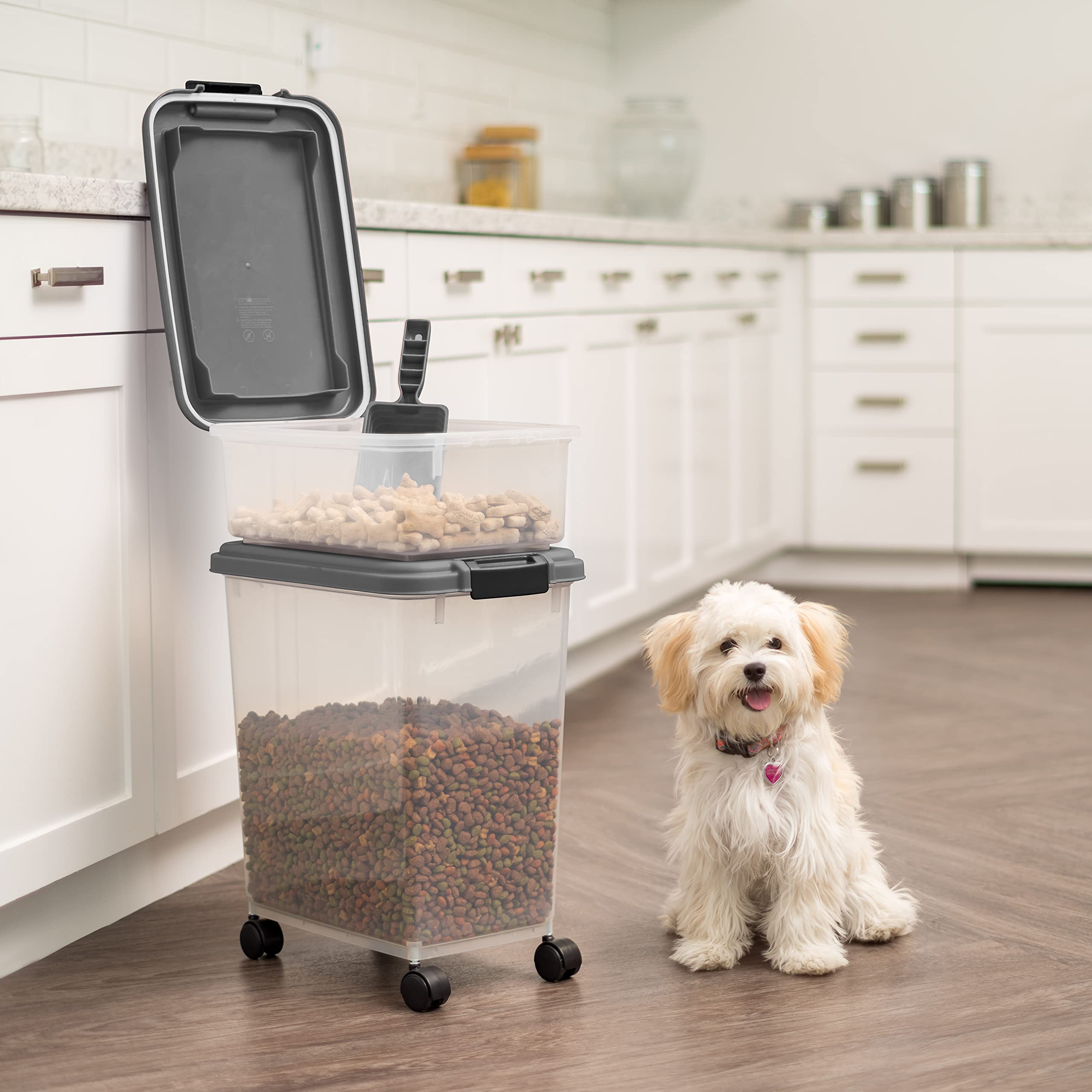 IRIS USA Storage Container, 30 lbs & 11 lbs Combo, Stackable, 2-Cup Scoop, Wheels, Easy Mobility, Gray