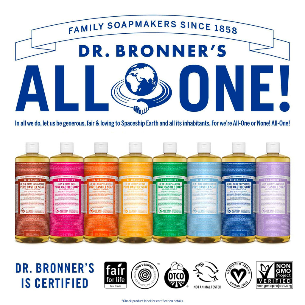 Dr. Bronner's Pure-Castile Magic Liquid Soap (Peppermint, 8 Ounce)- Made with Organic Oils, 18-in1 Uses: Face, Hair, Hand & Body Soap, Laundry, Pets- Concentrated, Vegan, Non-GMO