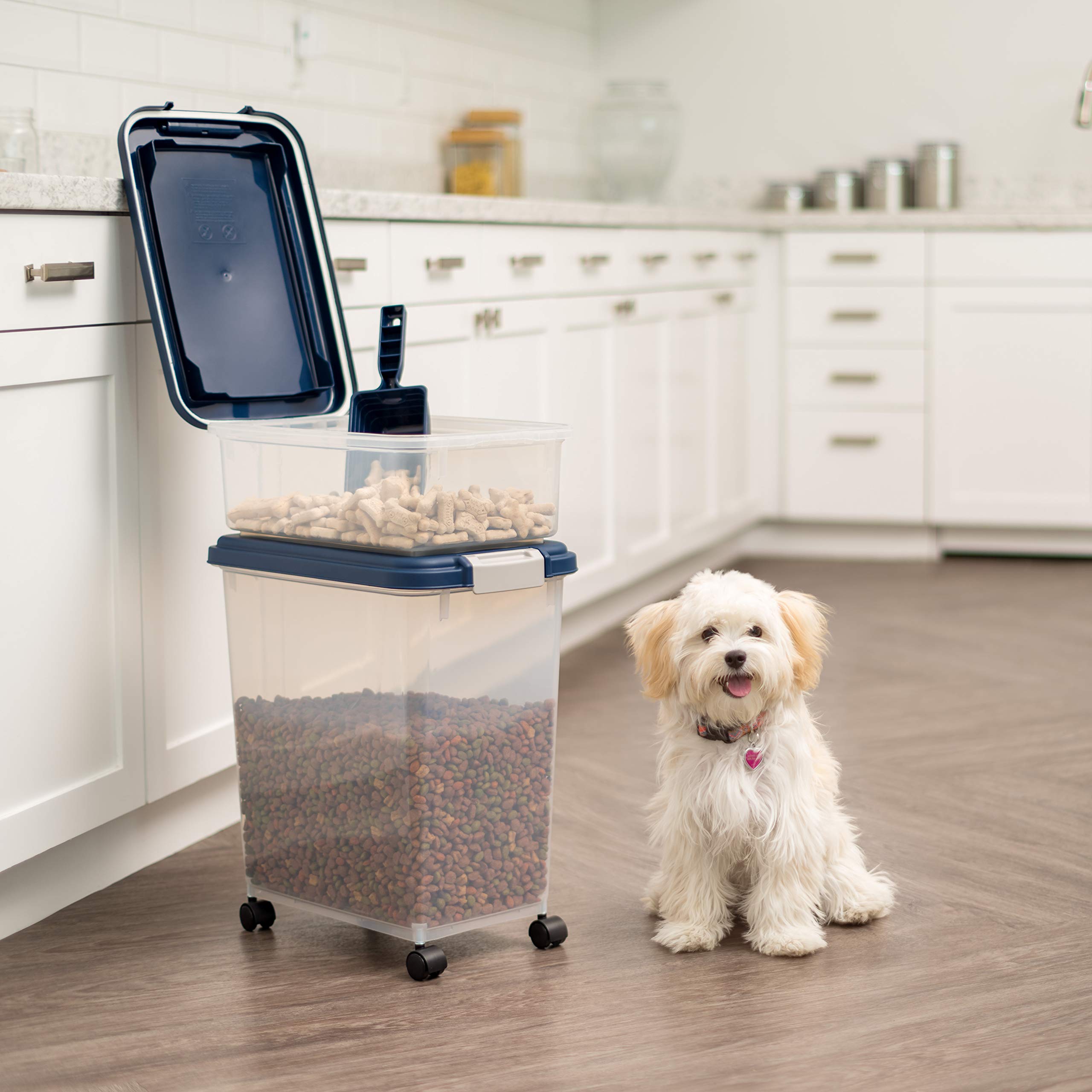 IRIS USA Storage Container, 30 lbs & 11 lbs Combo, Stackable, 2-Cup Scoop, Wheels, Easy Mobility, Gray