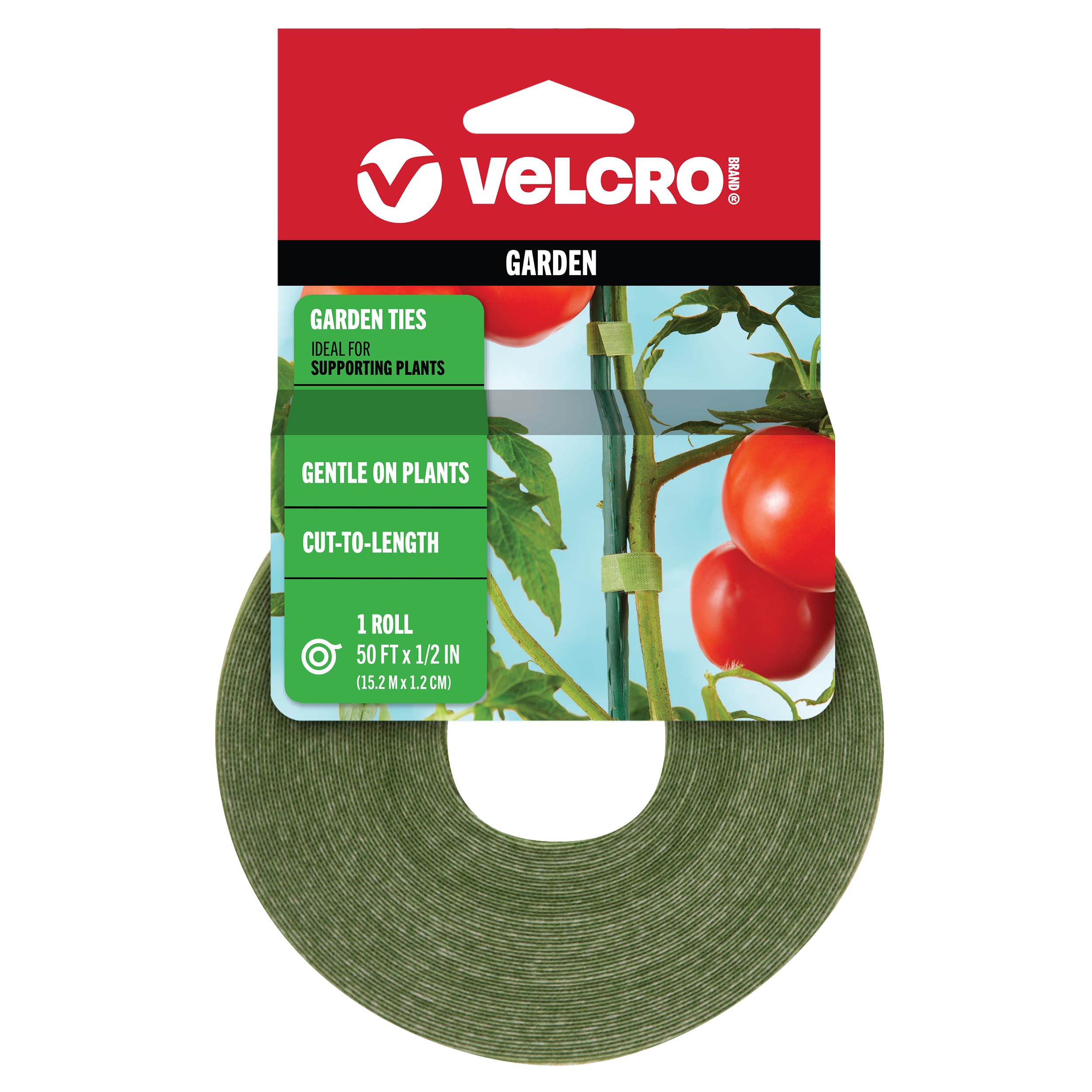 VELCRO Brand Adjustable Plant Ties | 75 ft x 1/2 in Green Garden Tape | Reusable, Cut-to-Length Hook & Loop Plant Support for Staking, Training & Organizing Tomatoes, Vines, and Flowers