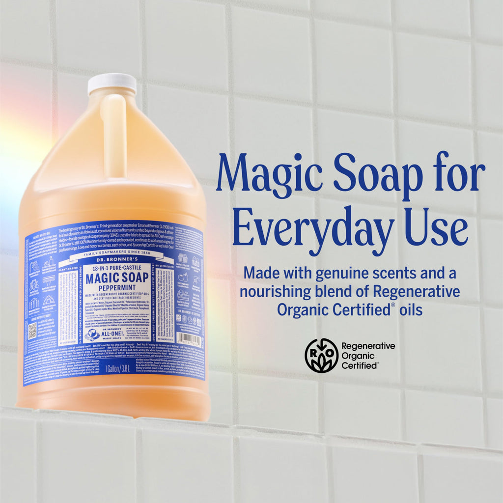 Dr. Bronner's Pure-Castile Magic Liquid Soap (Peppermint, 8 Ounce)- Made with Organic Oils, 18-in1 Uses: Face, Hair, Hand & Body Soap, Laundry, Pets- Concentrated, Vegan, Non-GMO