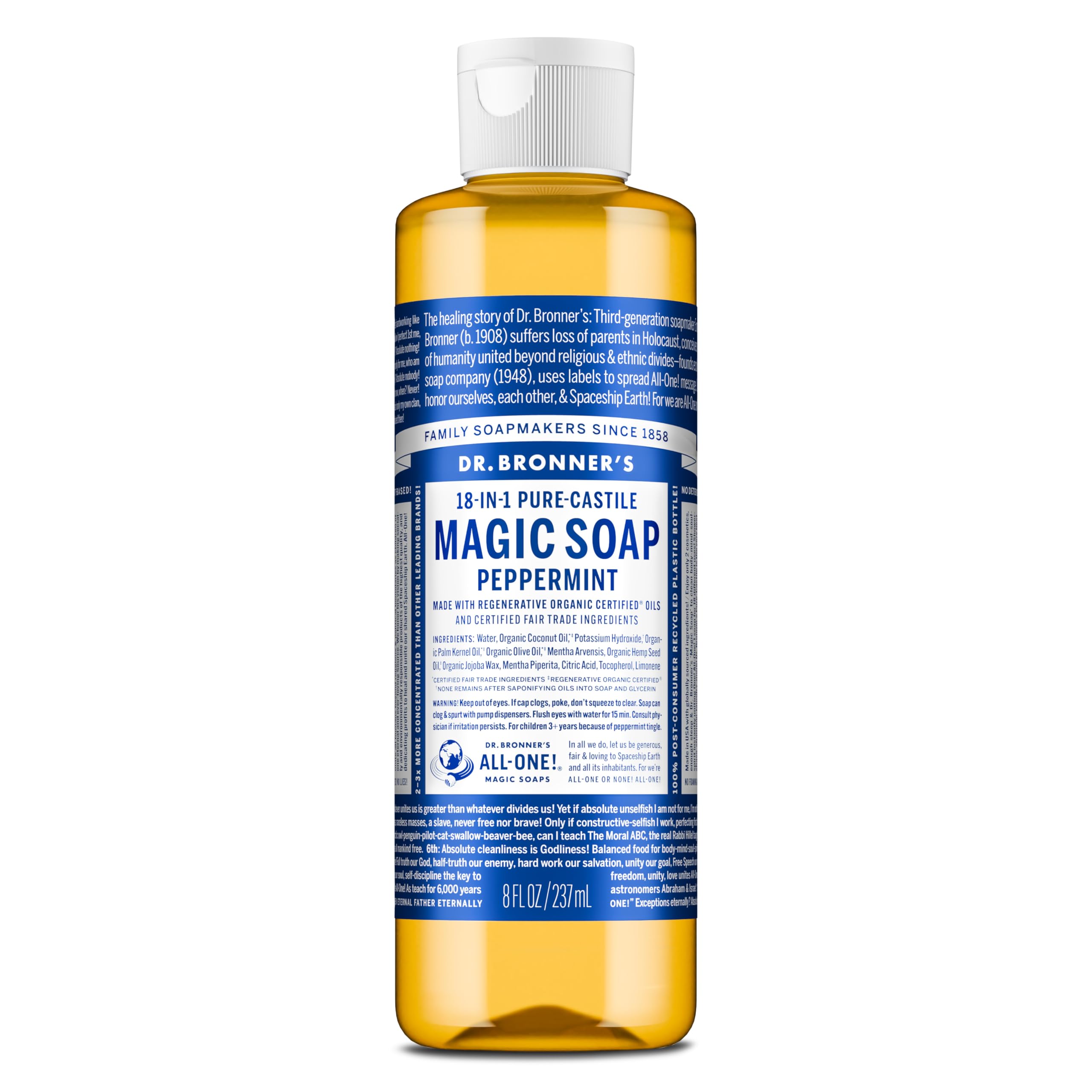 Dr. Bronner's Pure-Castile Magic Liquid Soap (Peppermint, 8 Ounce)- Made with Organic Oils, 18-in1 Uses: Face, Hair, Hand & Body Soap, Laundry, Pets- Concentrated, Vegan, Non-GMO