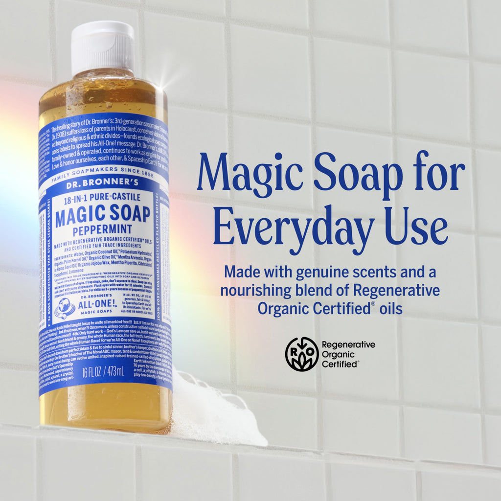 Dr. Bronner's Pure-Castile Magic Liquid Soap (Peppermint, 8 Ounce)- Made with Organic Oils, 18-in1 Uses: Face, Hair, Hand & Body Soap, Laundry, Pets- Concentrated, Vegan, Non-GMO