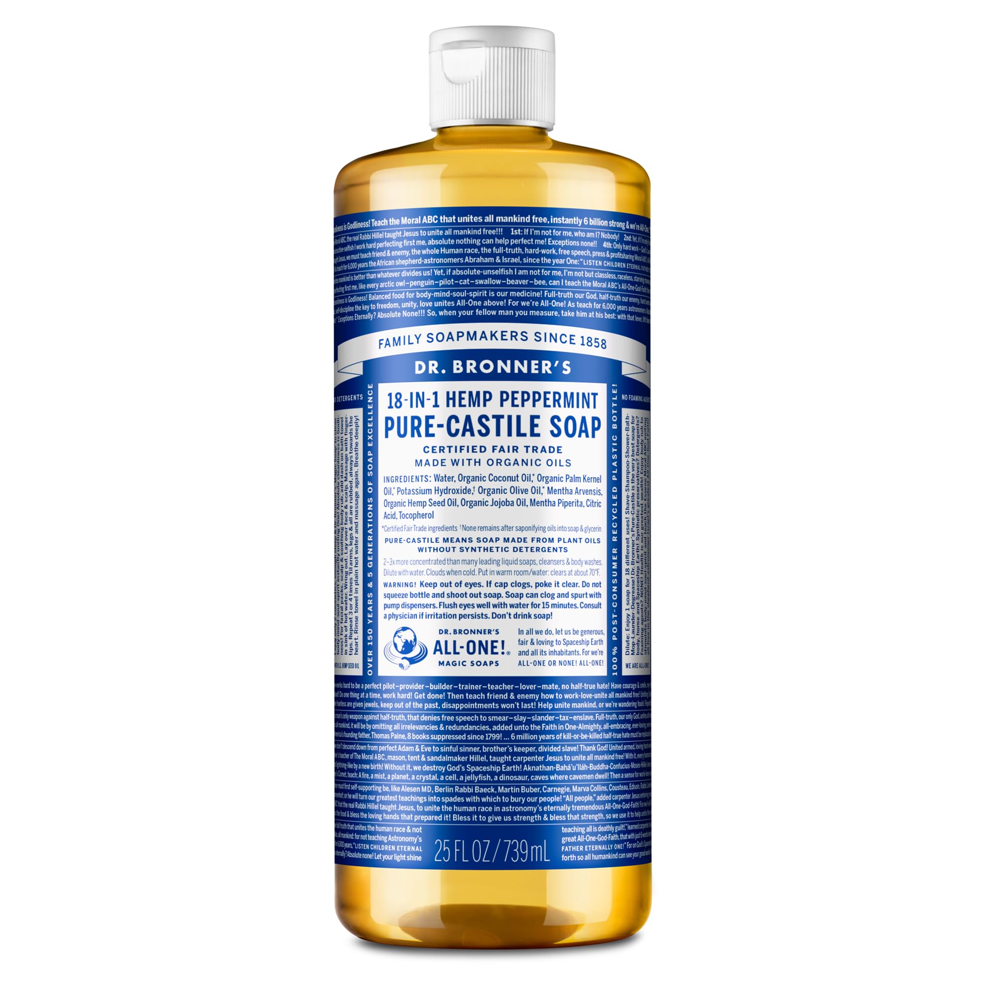 Dr. Bronner's Pure-Castile Magic Liquid Soap (Peppermint, 8 Ounce)- Made with Organic Oils, 18-in1 Uses: Face, Hair, Hand & Body Soap, Laundry, Pets- Concentrated, Vegan, Non-GMO