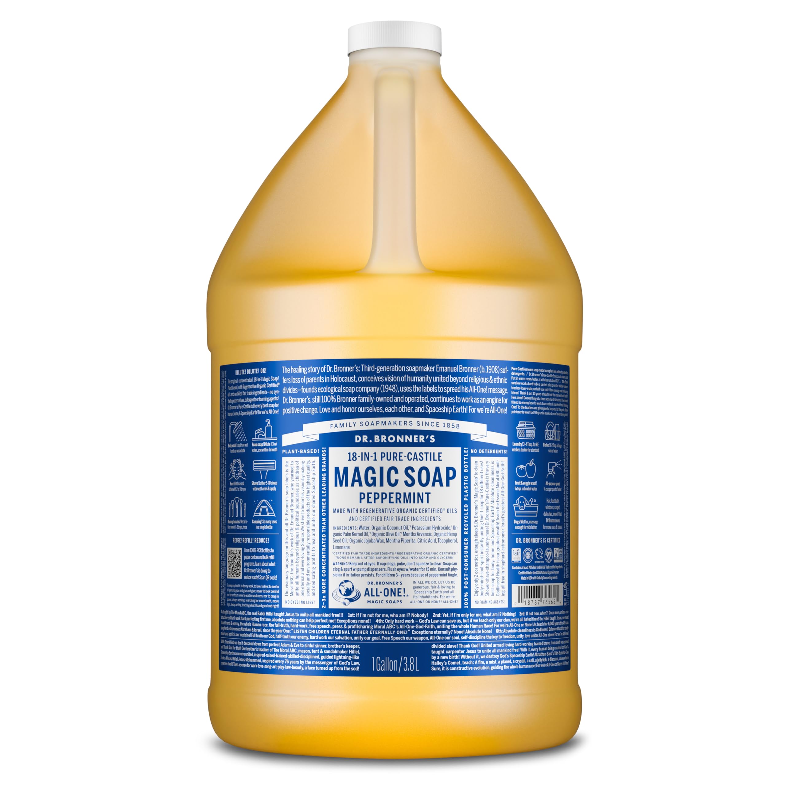 Dr. Bronner's Pure-Castile Magic Liquid Soap (Peppermint, 8 Ounce)- Made with Organic Oils, 18-in1 Uses: Face, Hair, Hand & Body Soap, Laundry, Pets- Concentrated, Vegan, Non-GMO