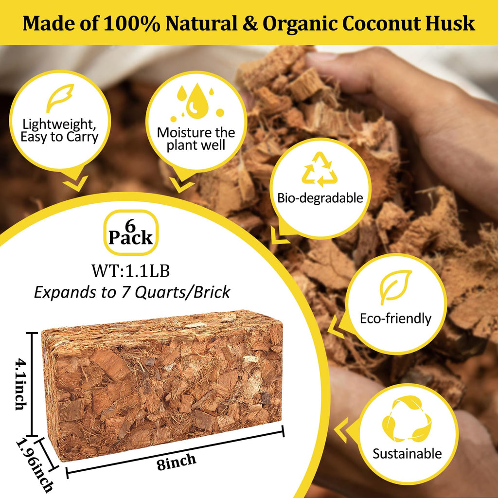 Riare 2 Pack Coco Chips Substrate for Plants- 2.2lb 100% Organic Coconut Husk Brick with Low EC and pH Balanced, High Expansion Coconut Substrate Coco Husk Mulch for Garden Flowers, Herbs, Planting