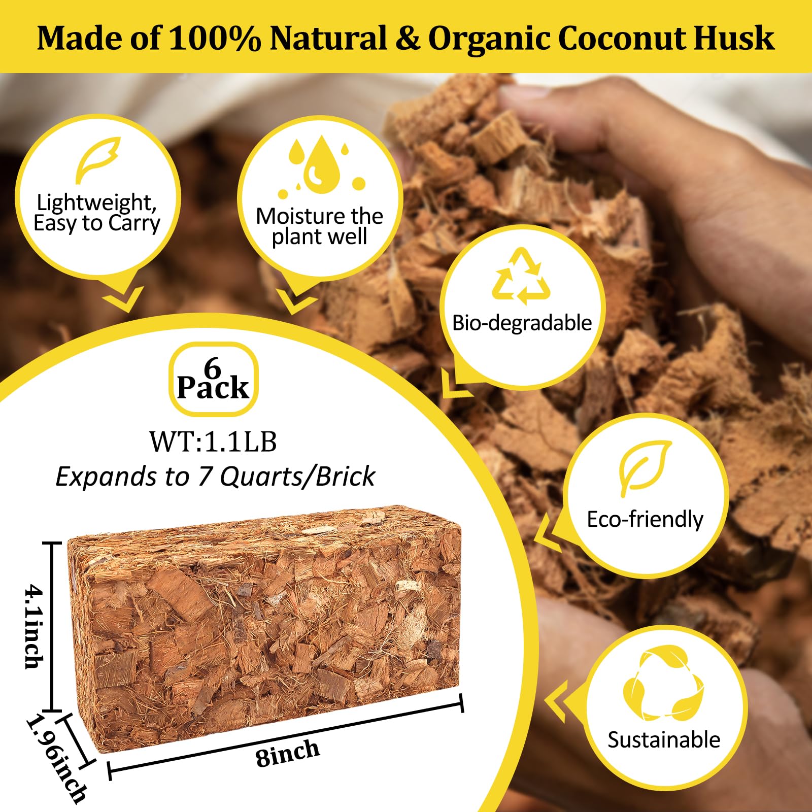 Riare 2 Pack Coco Chips Substrate for Plants- 2.2lb 100% Organic Coconut Husk Brick with Low EC and pH Balanced, High Expansion Coconut Substrate Coco Husk Mulch for Garden Flowers, Herbs, Planting