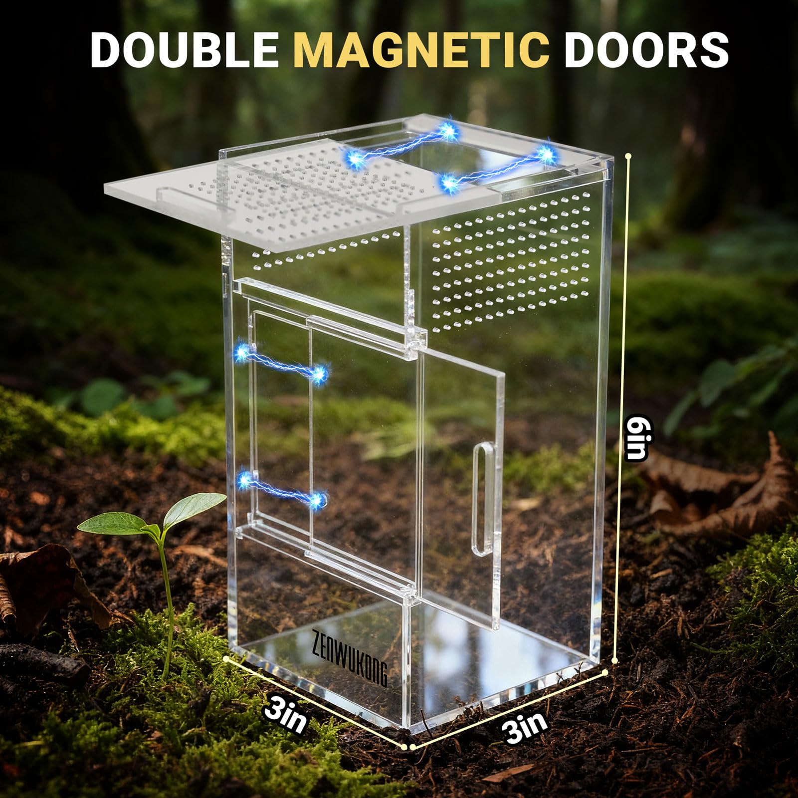 Jumping Spider Enclosure - Acrylic Terrarium Habitat for Spiders, Tarantulas, Snail, Mantis, Lizard, and Small Reptiles, Dual Magnetic Doors (6x6x9 inch)