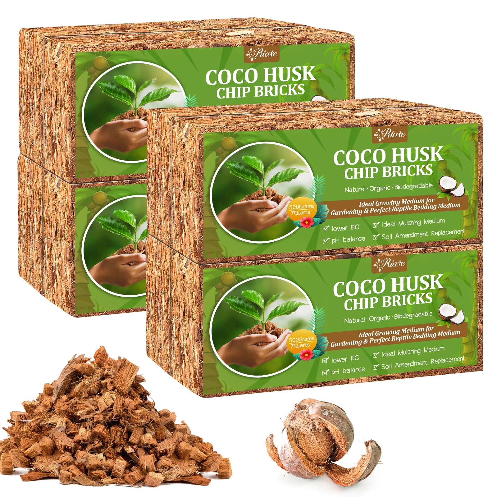 Riare 2 Pack Coco Chips Substrate for Plants- 2.2lb 100% Organic Coconut Husk Brick with Low EC and pH Balanced, High Expansion Coconut Substrate Coco Husk Mulch for Garden Flowers, Herbs, Planting