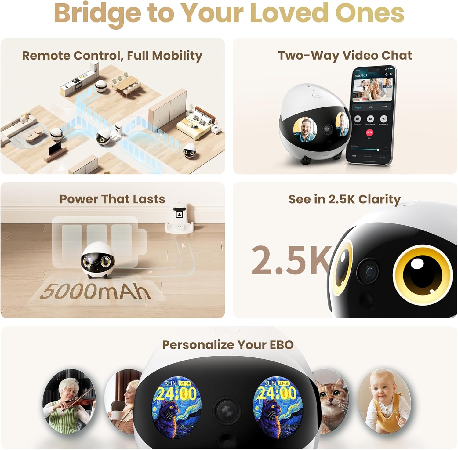 Enabot EBO Air 2S Mobile Robot Camera: 2.5K FamilyBot with Two-Way Video | Whole-Home Mobility, Custom Facial Image, Auto-Recharge, Night Vision, Long Distance Gift for Family/Pets