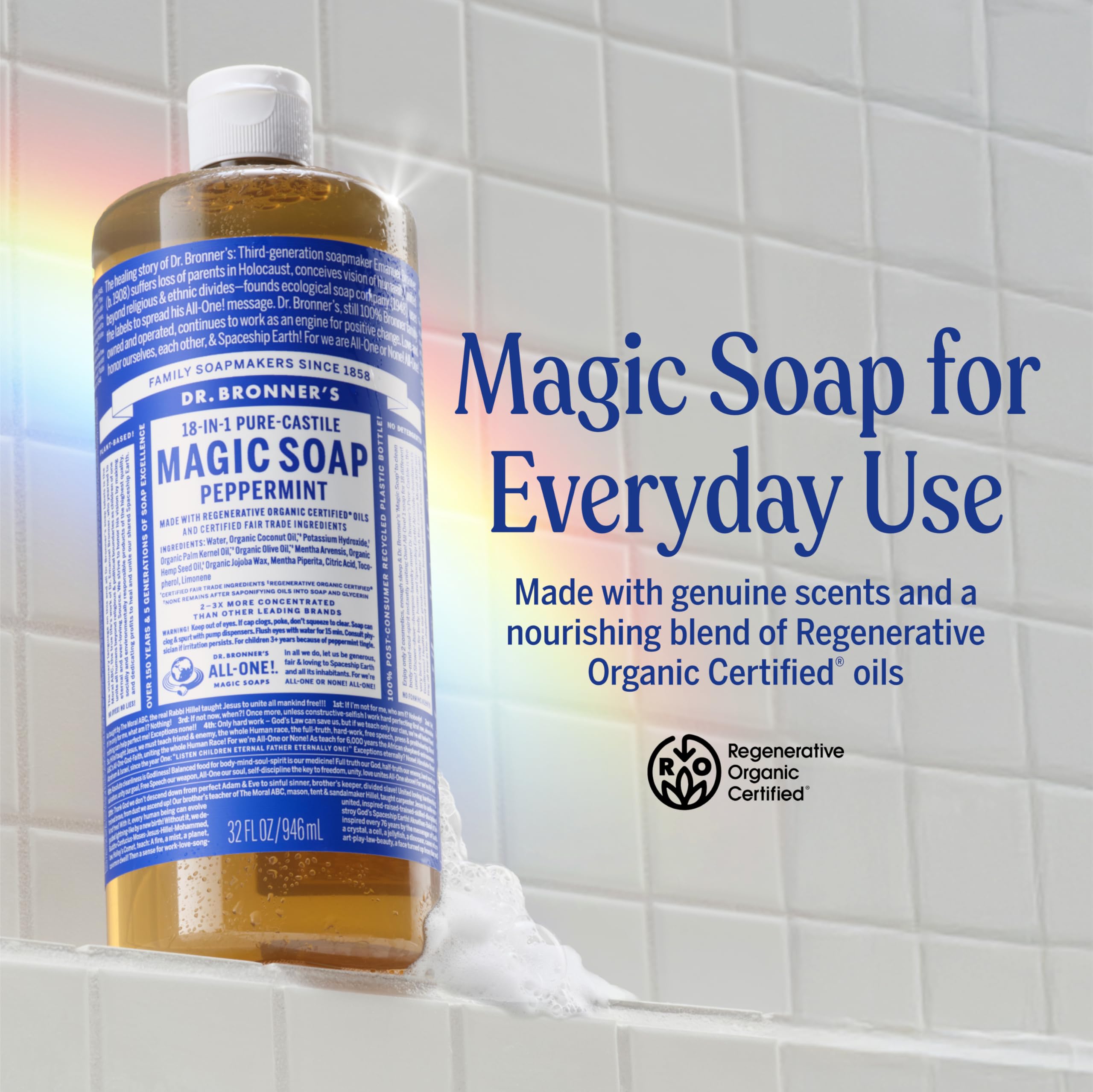 Dr. Bronner's Pure-Castile Magic Liquid Soap (Peppermint, 8 Ounce)- Made with Organic Oils, 18-in1 Uses: Face, Hair, Hand & Body Soap, Laundry, Pets- Concentrated, Vegan, Non-GMO