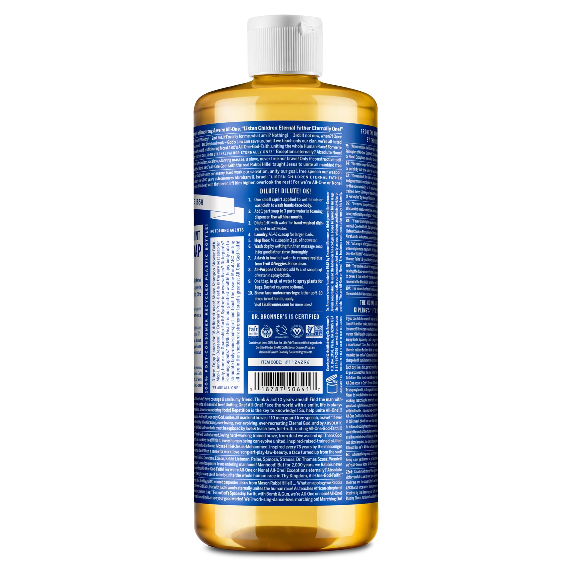 Dr. Bronner's Pure-Castile Magic Liquid Soap (Peppermint, 8 Ounce)- Made with Organic Oils, 18-in1 Uses: Face, Hair, Hand & Body Soap, Laundry, Pets- Concentrated, Vegan, Non-GMO
