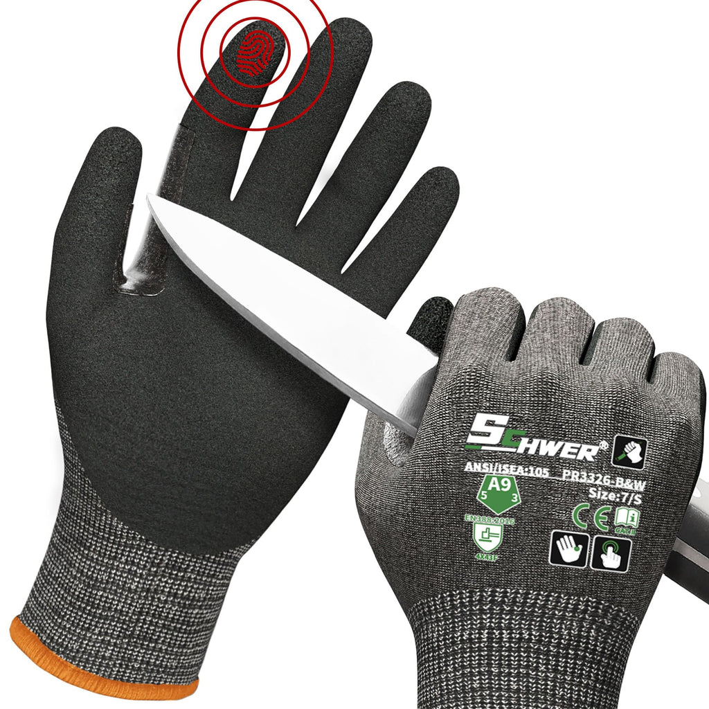 Schwer ProGuard High Level Cut Resistant Work Gloves for Extreme Protection, ANSI A9 Cut Gloves with Reinforced Thumb, Non Slip, Breathable, Durable, Touch-screen, Black 1 Pair（L 3326