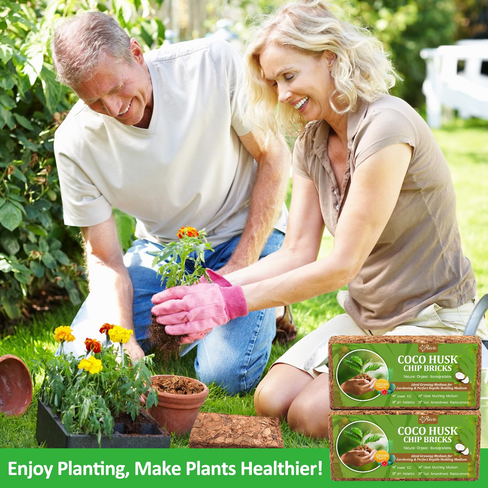 Riare 2 Pack Coco Chips Substrate for Plants- 2.2lb 100% Organic Coconut Husk Brick with Low EC and pH Balanced, High Expansion Coconut Substrate Coco Husk Mulch for Garden Flowers, Herbs, Planting