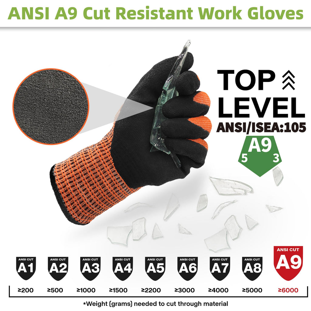 Schwer ProGuard High Level Cut Resistant Work Gloves for Extreme Protection, ANSI A9 Cut Gloves with Reinforced Thumb, Non Slip, Breathable, Durable, Touch-screen, Black 1 Pair（L 3326