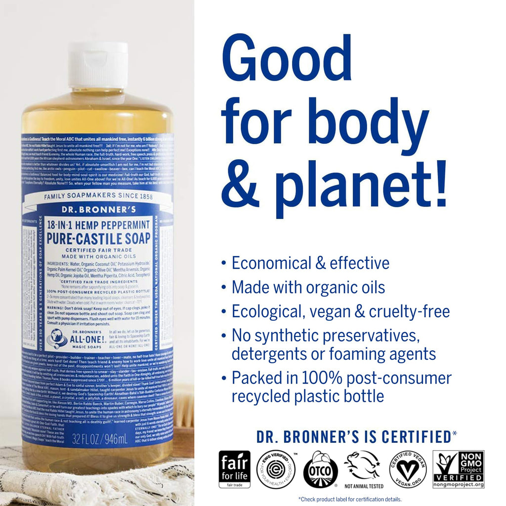Dr. Bronner's Pure-Castile Magic Liquid Soap (Peppermint, 8 Ounce)- Made with Organic Oils, 18-in1 Uses: Face, Hair, Hand & Body Soap, Laundry, Pets- Concentrated, Vegan, Non-GMO