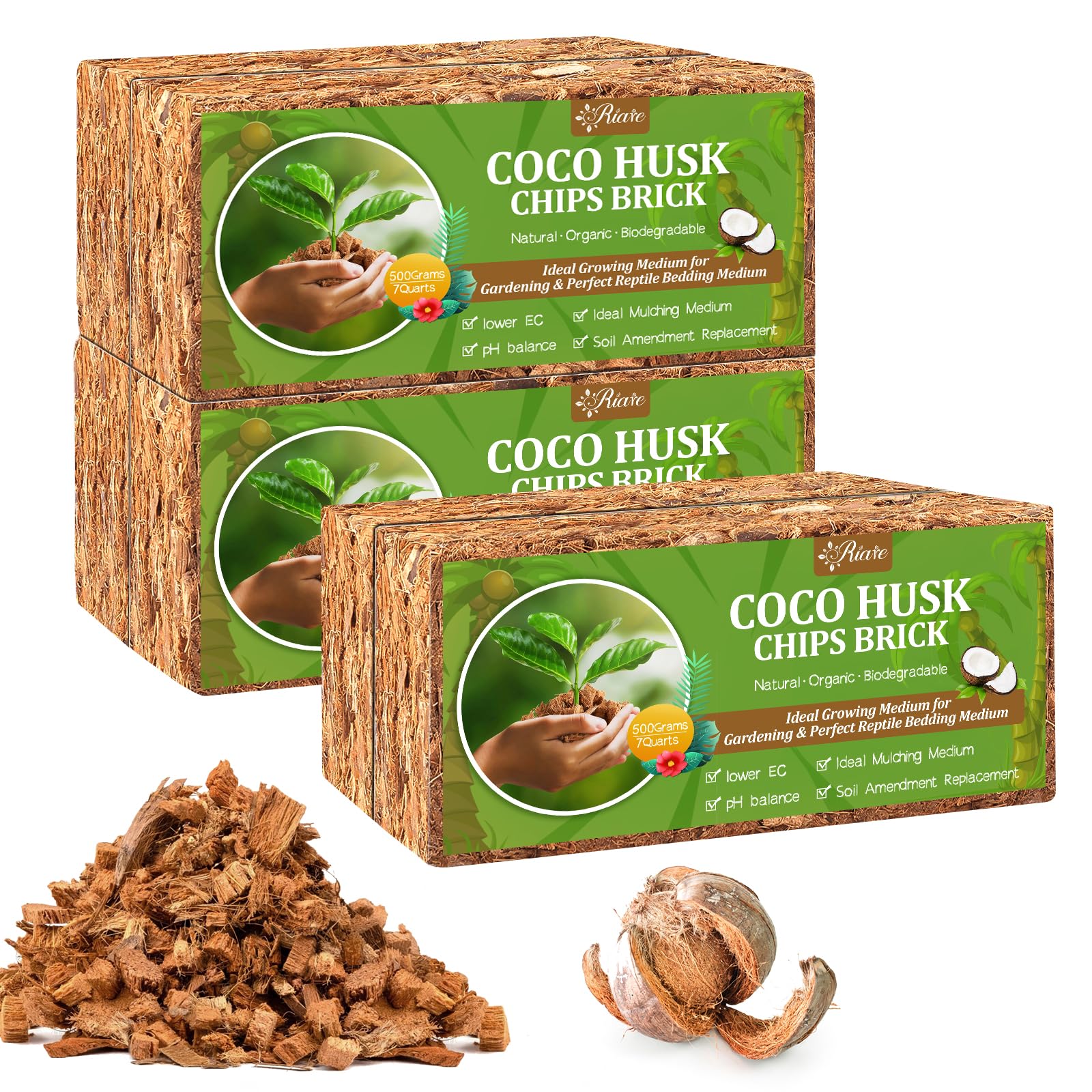 Riare 2 Pack Coco Chips Substrate for Plants- 2.2lb 100% Organic Coconut Husk Brick with Low EC and pH Balanced, High Expansion Coconut Substrate Coco Husk Mulch for Garden Flowers, Herbs, Planting