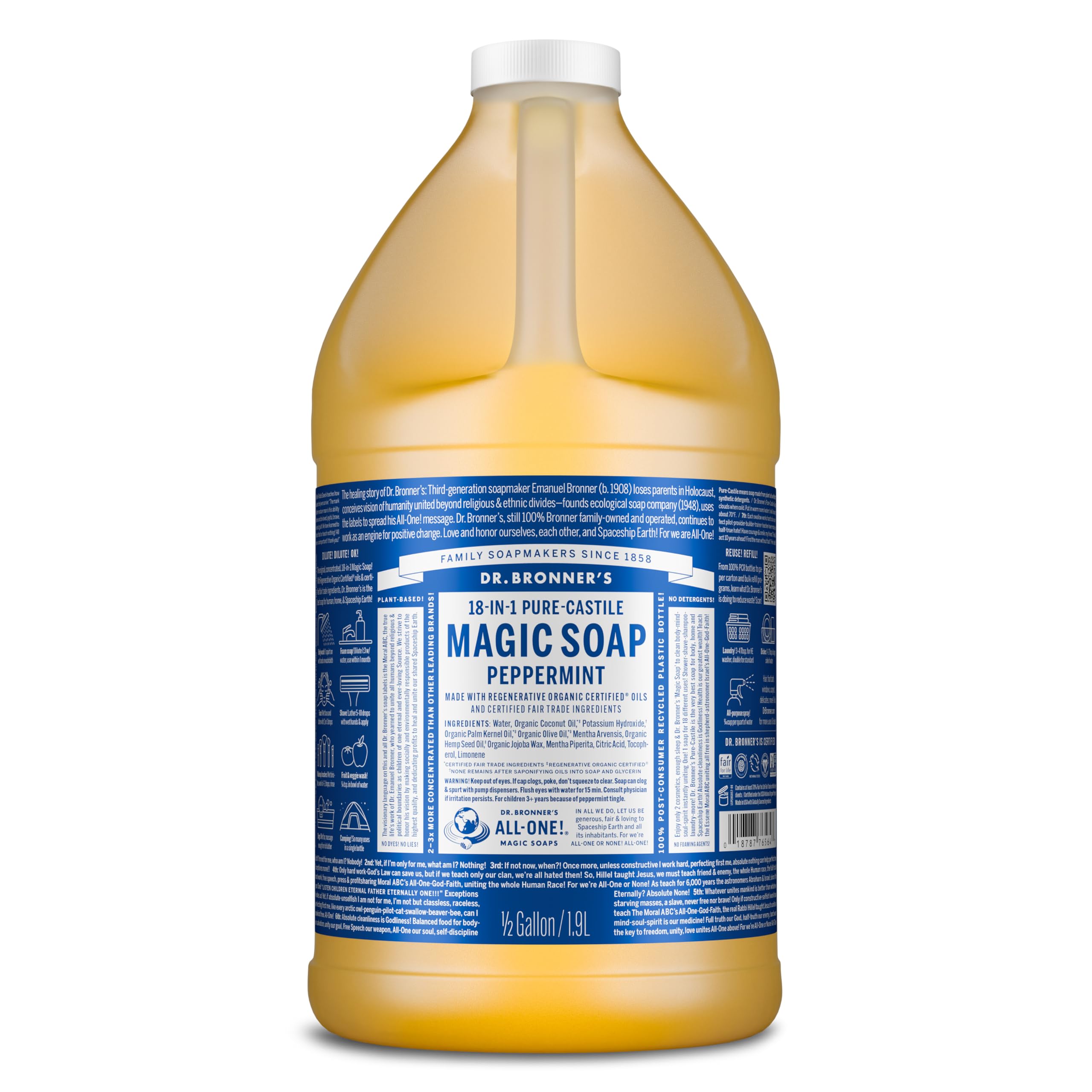 Dr. Bronner's Pure-Castile Magic Liquid Soap (Peppermint, 8 Ounce)- Made with Organic Oils, 18-in1 Uses: Face, Hair, Hand & Body Soap, Laundry, Pets- Concentrated, Vegan, Non-GMO