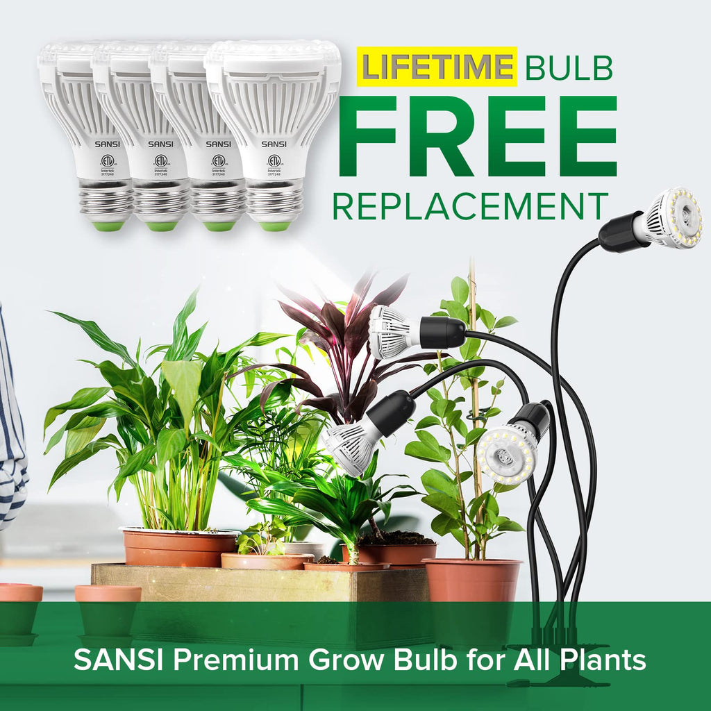 SANSI LED Grow Lights for Indoor Plants, Lifetime Free Bulb Replacement, 300W Full Spectrum Dual Gooseneck Clip Plant Grow Light, Plant Light with Timer 4/8/12 Hrs, High PPFD Growing Power Grow Lamp