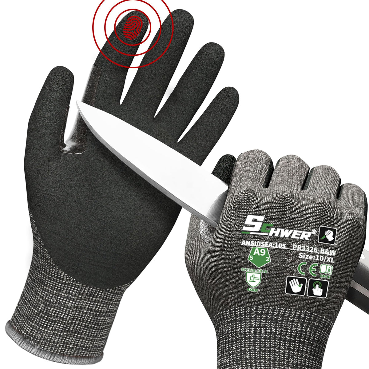 Schwer ProGuard High Level Cut Resistant Work Gloves for Extreme Protection, ANSI A9 Cut Gloves with Reinforced Thumb, Non Slip, Breathable, Durable, Touch-screen, Black 1 Pair（L 3326