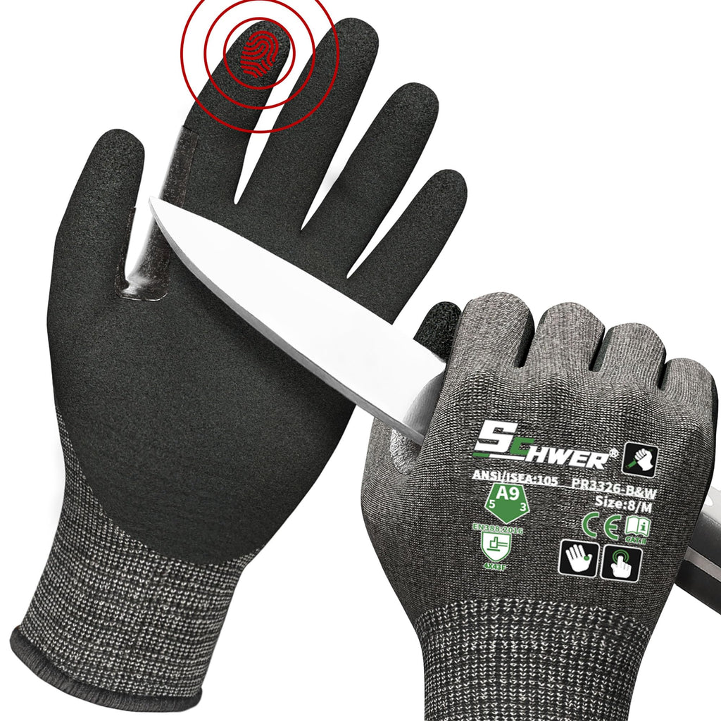 Schwer ProGuard High Level Cut Resistant Work Gloves for Extreme Protection, ANSI A9 Cut Gloves with Reinforced Thumb, Non Slip, Breathable, Durable, Touch-screen, Black 1 Pair（L 3326