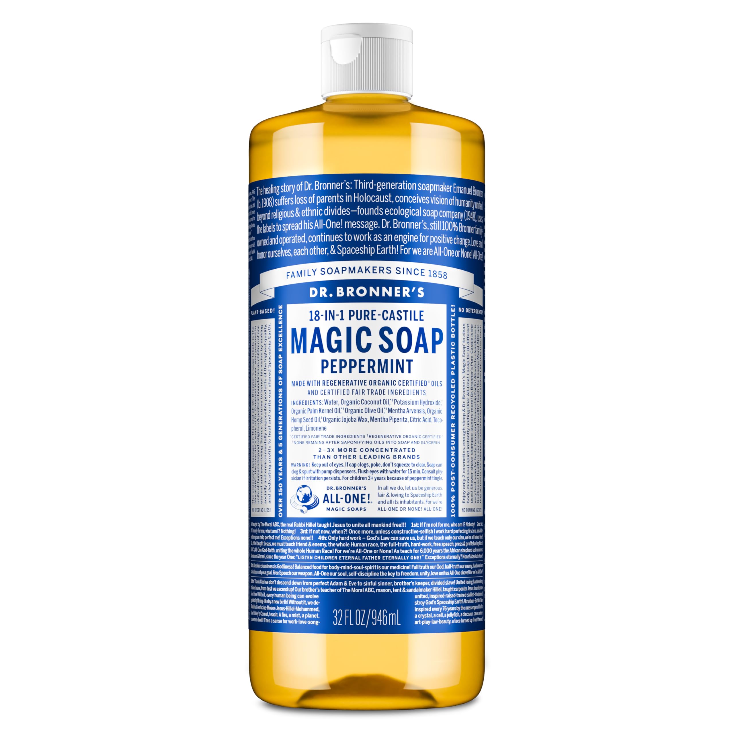 Dr. Bronner's Pure-Castile Magic Liquid Soap (Peppermint, 8 Ounce)- Made with Organic Oils, 18-in1 Uses: Face, Hair, Hand & Body Soap, Laundry, Pets- Concentrated, Vegan, Non-GMO