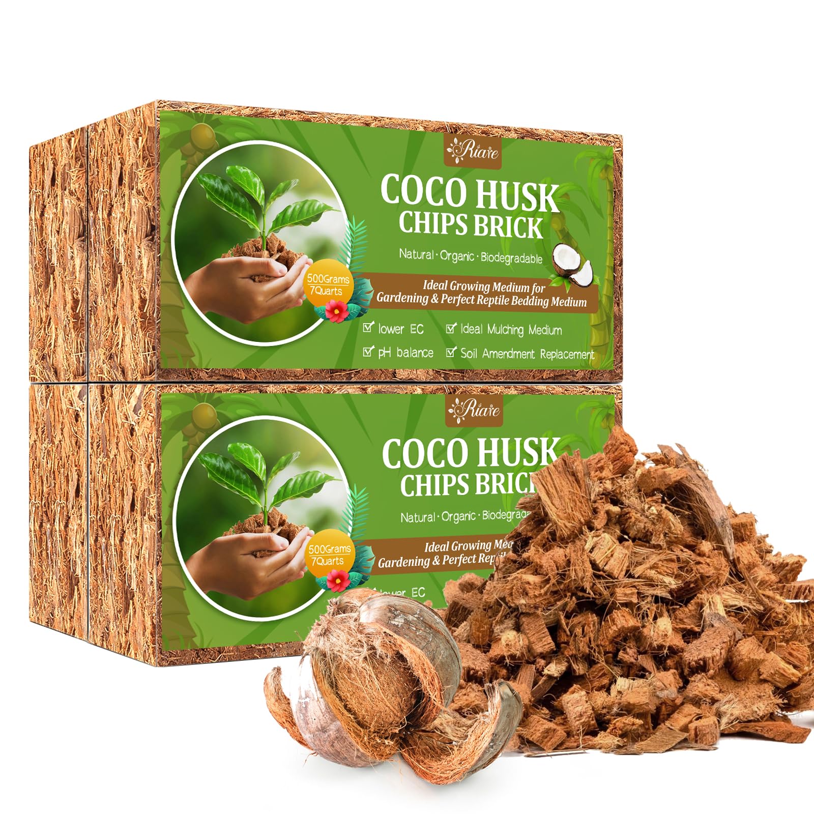 Riare 2 Pack Coco Chips Substrate for Plants- 2.2lb 100% Organic Coconut Husk Brick with Low EC and pH Balanced, High Expansion Coconut Substrate Coco Husk Mulch for Garden Flowers, Herbs, Planting