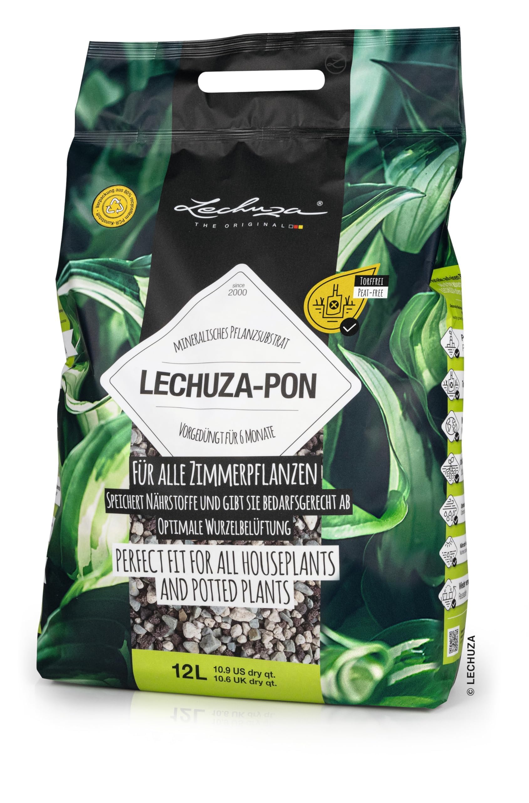 Lechuza 19562 PON Mineral Plant Substrate Potting Mix for Indoor Gardening, 12 Liter Bag, Grey