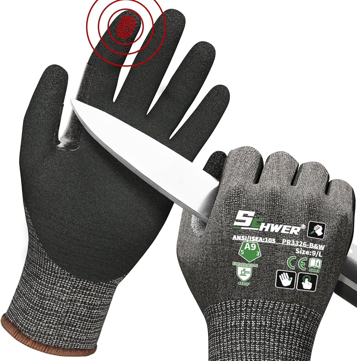 Schwer ProGuard High Level Cut Resistant Work Gloves for Extreme Protection, ANSI A9 Cut Gloves with Reinforced Thumb, Non Slip, Breathable, Durable, Touch-screen, Black 1 Pair（L 3326
