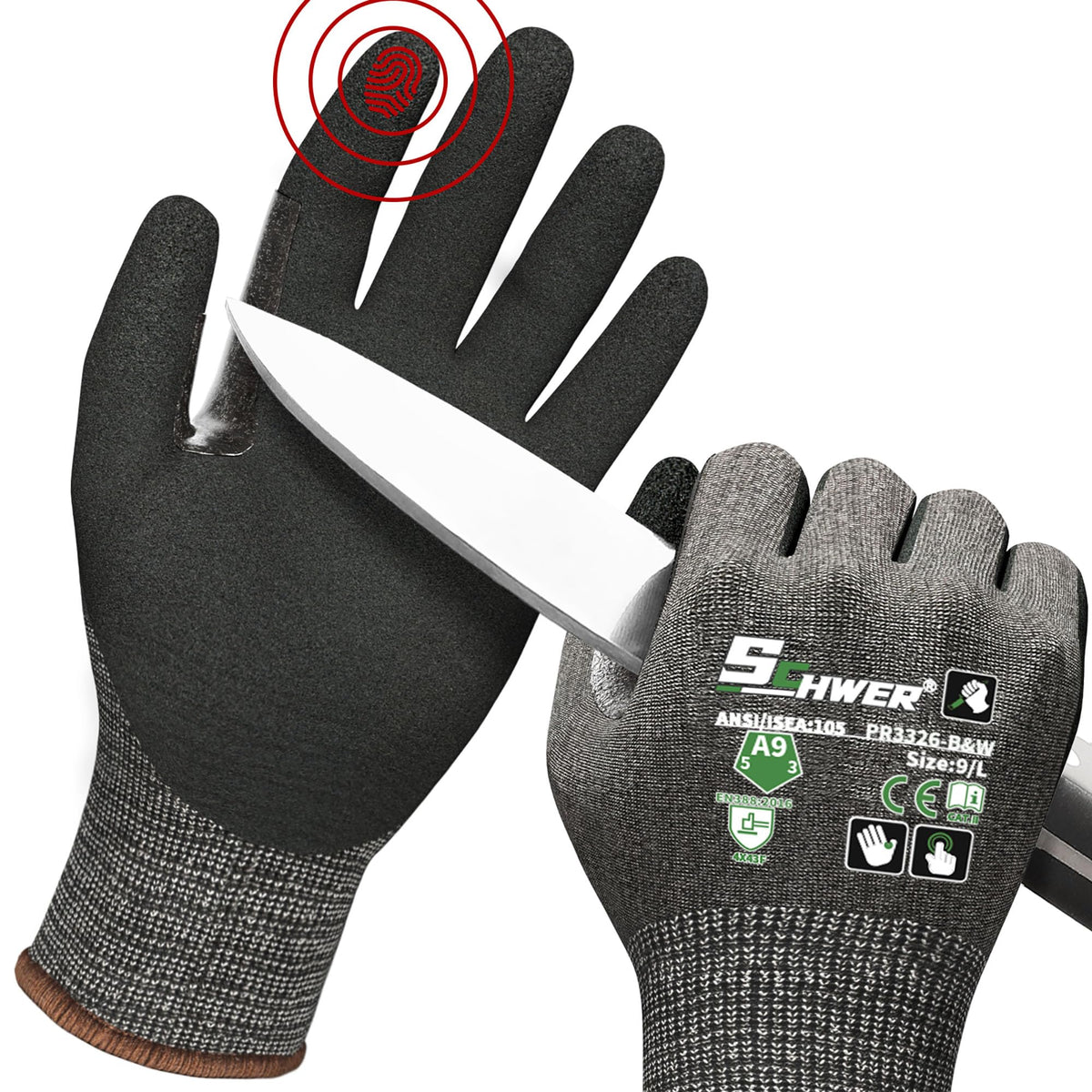 Schwer ProGuard High Level Cut Resistant Work Gloves for Extreme Protection, ANSI A9 Cut Gloves with Reinforced Thumb, Non Slip, Breathable, Durable, Touch-screen, Black 1 Pair（L 3326