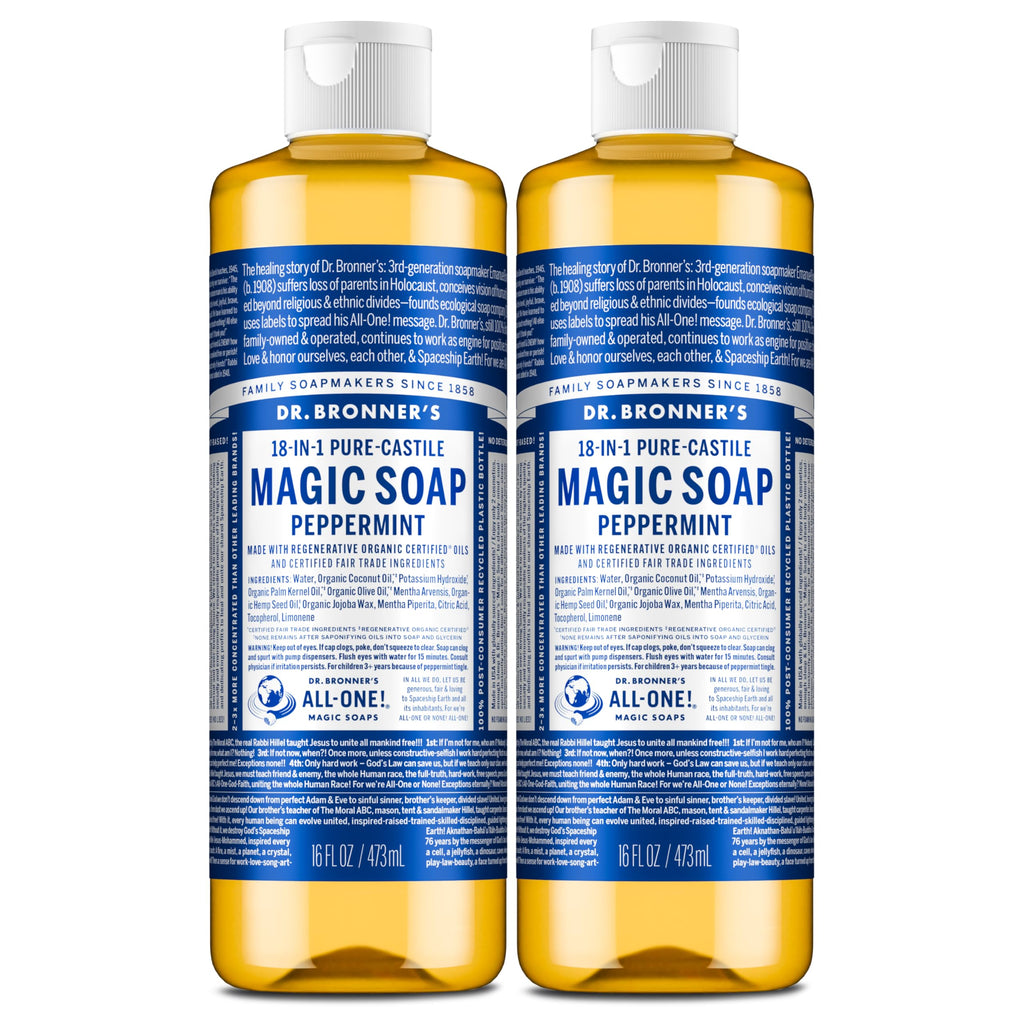 Dr. Bronner's Pure-Castile Magic Liquid Soap (Peppermint, 8 Ounce)- Made with Organic Oils, 18-in1 Uses: Face, Hair, Hand & Body Soap, Laundry, Pets- Concentrated, Vegan, Non-GMO