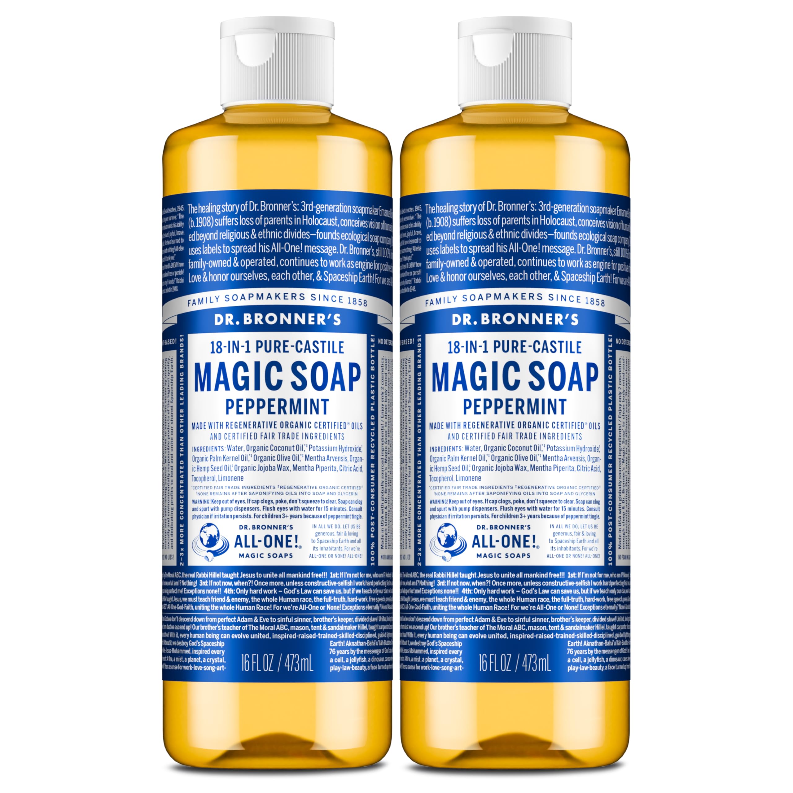 Dr. Bronner's Pure-Castile Magic Liquid Soap (Peppermint, 8 Ounce)- Made with Organic Oils, 18-in1 Uses: Face, Hair, Hand & Body Soap, Laundry, Pets- Concentrated, Vegan, Non-GMO