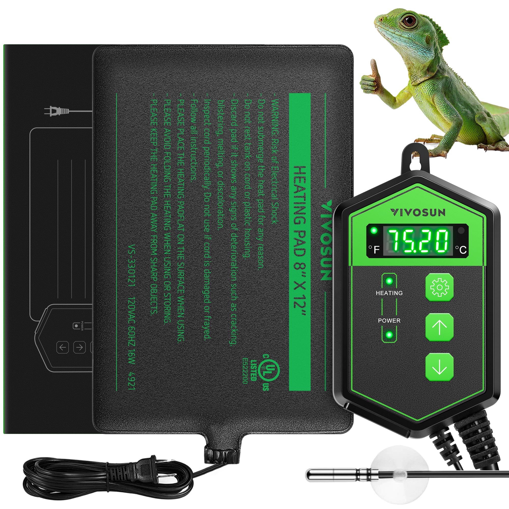 VIVOSUN Reptile Heating Pad 6x8 Inch with Thermostat Combo Under Tank Terrarium Heating Mat for Turtles, Lizards, Frogs, and Other Reptiles