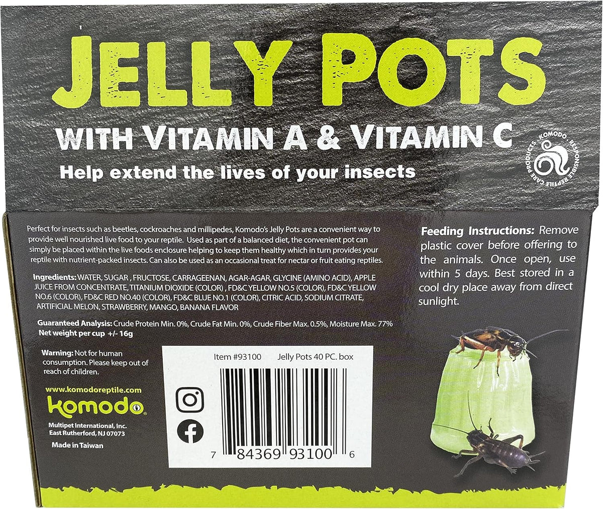 Komodo Jelly Pots Mixed Fruit Flavor Insect Food | Individually Portioned | Provides Nutrition & Hydration for Fruit-Eating Reptiles 40 Count Display (16g per Cup)