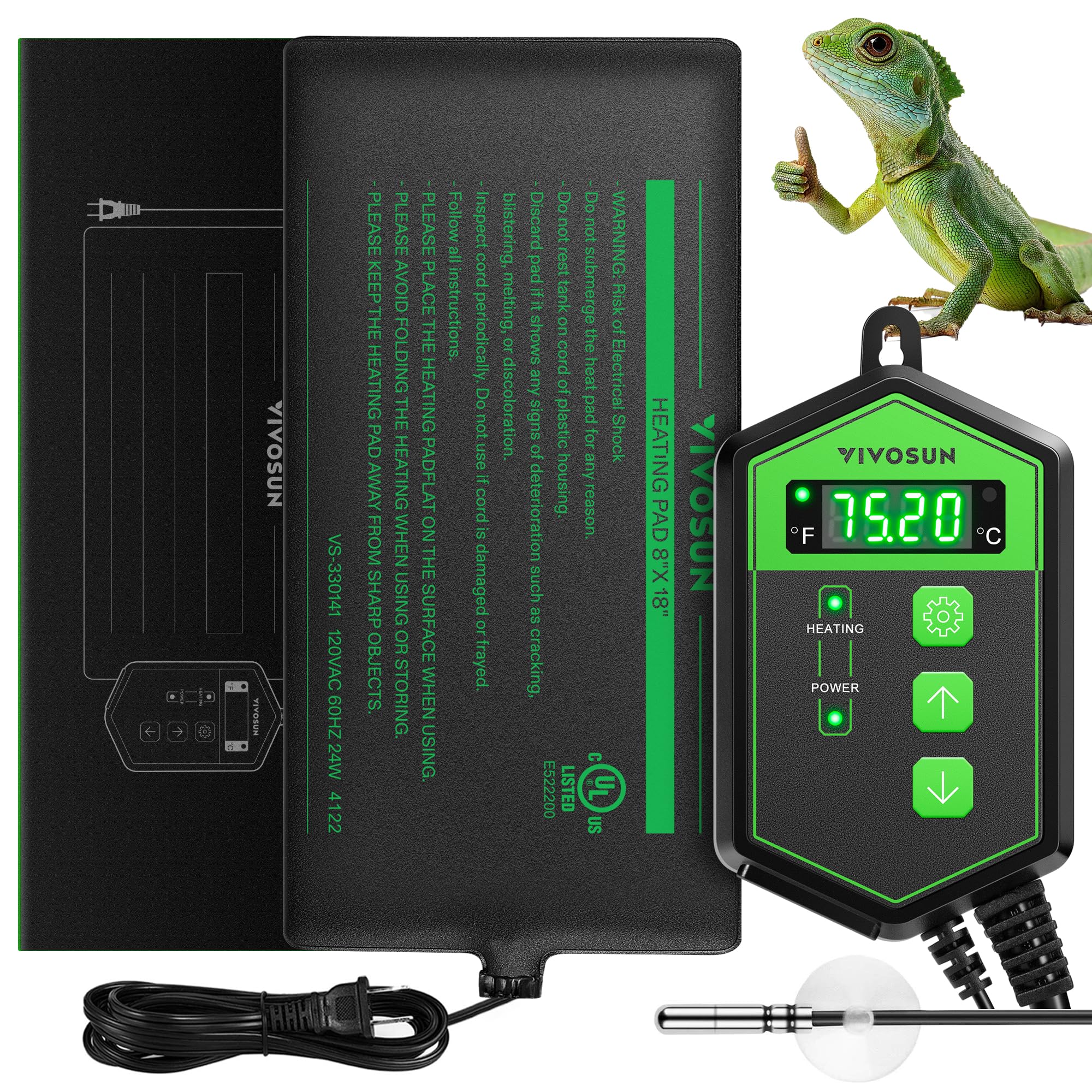 VIVOSUN Reptile Heating Pad 6x8 Inch with Thermostat Combo Under Tank Terrarium Heating Mat for Turtles, Lizards, Frogs, and Other Reptiles