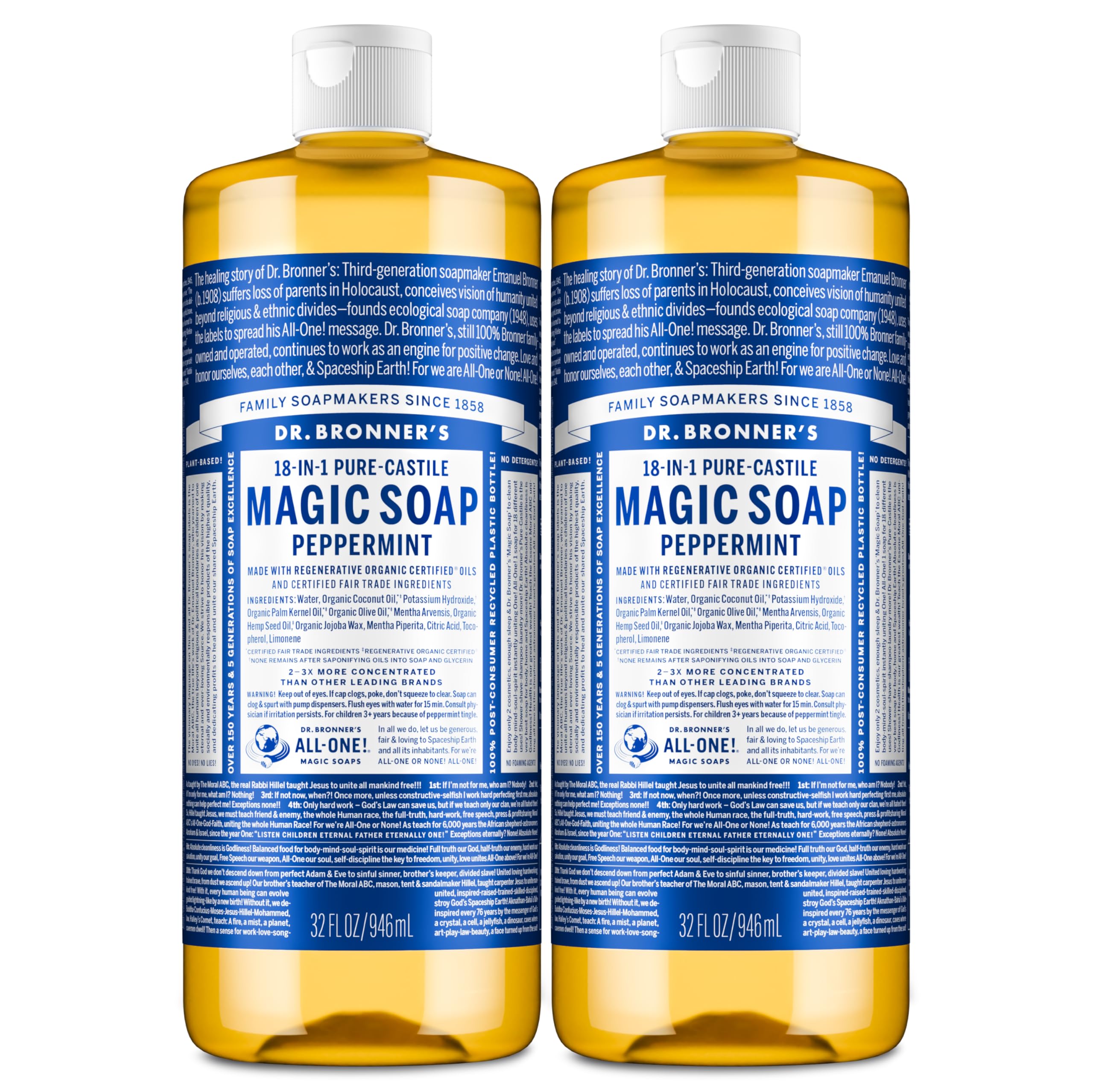 Dr. Bronner's Pure-Castile Magic Liquid Soap (Peppermint, 8 Ounce)- Made with Organic Oils, 18-in1 Uses: Face, Hair, Hand & Body Soap, Laundry, Pets- Concentrated, Vegan, Non-GMO